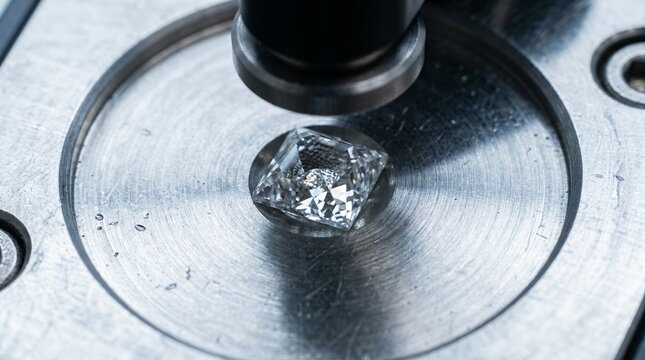 FTIR attenuated total reflectance (ATR) crystal surface, the fine diamond crystal surface in extreme macro detail under microscope illumination - Biotech Laboratory Stock Photo, No People