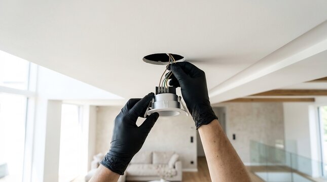 Professional hands in black gloves installing a modern recessed ceiling light in a bright white interior room
