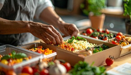 Obraz premium Healthy Meal Prep: Assembling Colorful Vegetarian Lunch Boxes