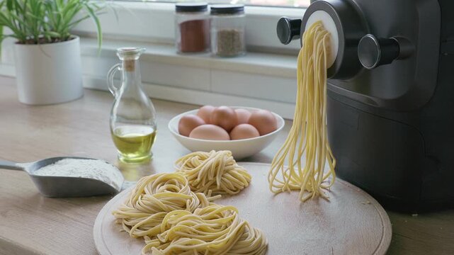 Making fresh homemade noodles with an electric pasta maker in a modern home kitchen
