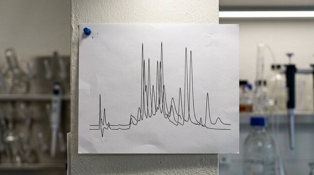 FPLC chromatogram printout pinned to a wall, abstract peak profile curves visible without any text labels - Biotech Laboratory Stock Photo, No People