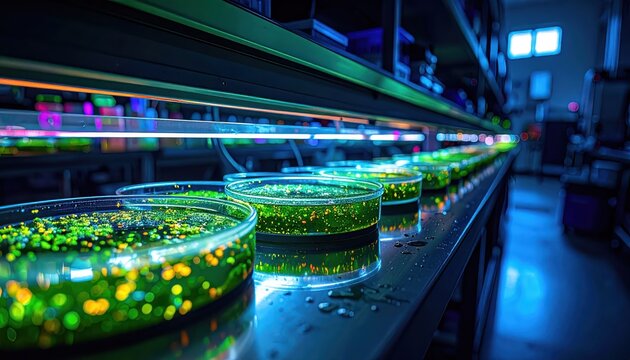Scientist Examining Growing Bacterial Cultures in Petri Dishes Under Laboratory Lights