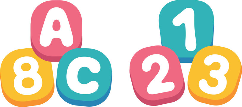 Cute cartoon alphabet ABC blocks and 123 numbers, school elementary nursery education vector illustration.