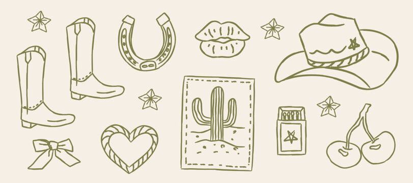 Cute Western Cowboy Line Art Illustration, Hand Drawn Cowgirl Green Aesthetic Doodles Vector Set with Boot, Hat, Horseshoe, Cactus, and Cherry for Trendy Stickers, Patterns, and Graphic Design
