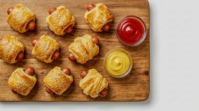 Delicious golden brown pigs in a blanket served with ketchup and mustard.