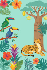 Obraz premium Tropical jungle scene with toucans cheetah baobab tree and hibiscus flowers