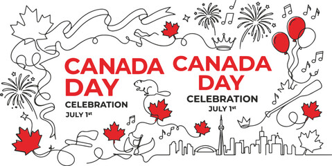 Canada Day celebration banner design with continuous line art, Toronto skyline doodle, fireworks, balloons and red maple leaves vector illustration © Akhi Ayra
