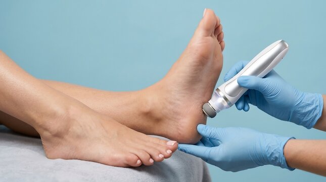 Professional podiatry treatment using an electric callus remover for smoothing skin on a person's heel