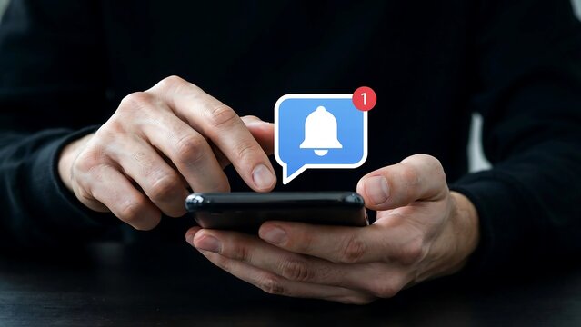 Hand holding a smartphone with a notification bell icon appearing above the screen, symbolizing digital alerts and app updates