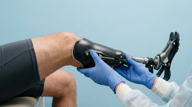 Close-up of a healthcare professional fitting a high-tech carbon fiber prosthetic leg to a patient in a medical setting