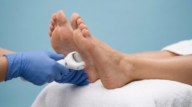 Podiatry professional using electric callus remover for foot smoothing treatment on a patient