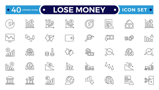Lose money and Financial Growth Outline Icon Set with Profit, Income, Investment, Currency, Banking, Statistics, and Business Performance Symbols. Editable stroke outline icon.