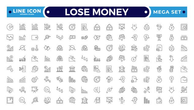 Lose money and Financial Growth Outline Icon Set with Profit, Income, Investment, Currency, Banking, Statistics, and Business Performance Symbols. Editable stroke outline icon.