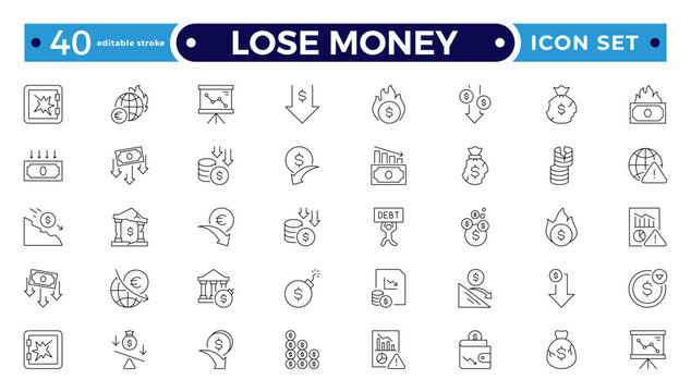 Lose money and Financial Growth Outline Icon Set with Profit, Income, Investment, Currency, Banking, Statistics, and Business Performance Symbols. Editable stroke outline icon.