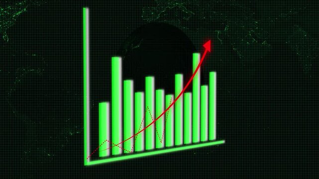 Green Bar Chart with Red Upward Arrow and Dotted Line on Grid Background with Earth Overlay. Rising trend visualization: green bars with red arrow and dotted line over Earth grid.