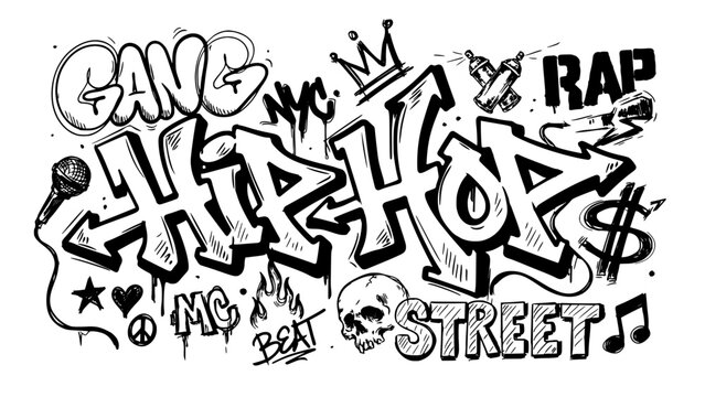 Graffiti Tags with Hip-Hop and Street Art Elements in Black and White Featuring Urban, Culture, Music with Rap and Gang Elements