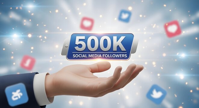Business professional holds a digital milestone badge celebrating five hundred thousand social media followers.