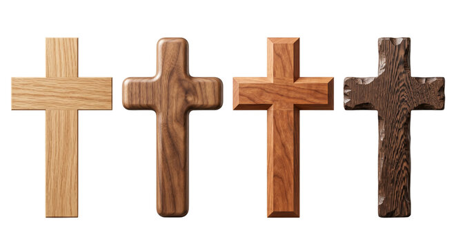Classic wooden christian crosses in different textures on transparent background