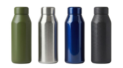 Fototapeta premium Insulated metal water bottles in distinct colors on transparent background
