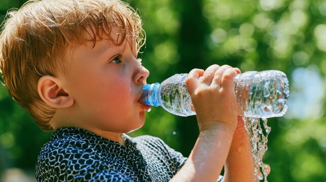 child drinking clean water bottle hydration hot summer healthy refreshment outdoor sunshine thirst wellness lifestyle fresh beverage heat safety daily hydration healthy childhood concept
