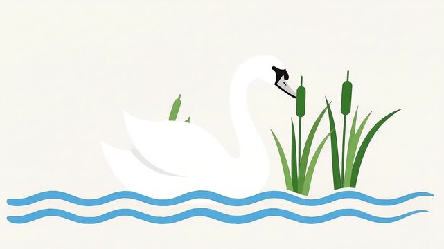Minimalist Flat Animation of a White Swan Swimming in a Pond with Reeds Motion Graphic Videos
