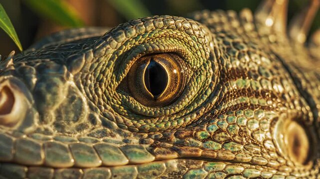 Extreme macro view of a green iguana's eye, highlighting its detailed scales and golden iris. The iguana is in its natural environment, bathed in warm sunlight.