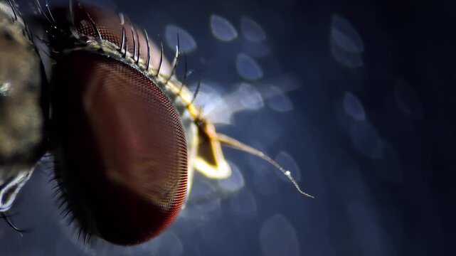 Macro focus pull from head bristles to the compound eye of a fly under microscope