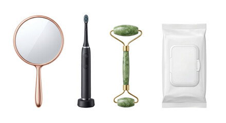 Personal care products mirror toothbrush and jade roller  on transparent background © PNG Lab