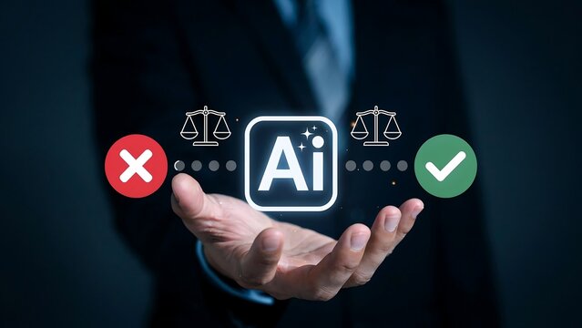 Artificial Intelligence Ethics and Decision-Making AI Symbol Between a Cross and Checkmark