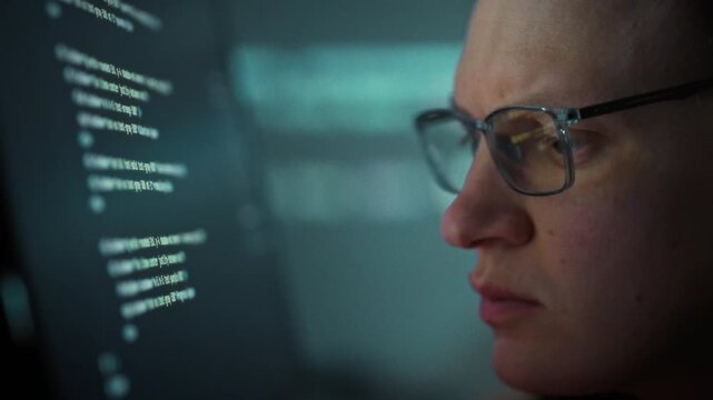A programmer wearing glasses sits focused at a desktop computer, actively writing code and utilizing artificial intelligence tools to accelerate development in a modern work environment