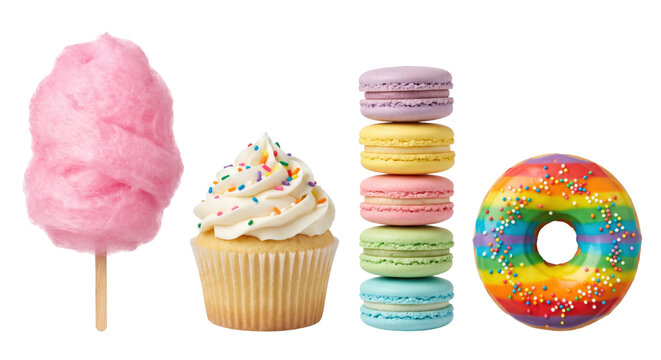 Sweet desserts cotton candy cupcake macaron and donut on transparent background