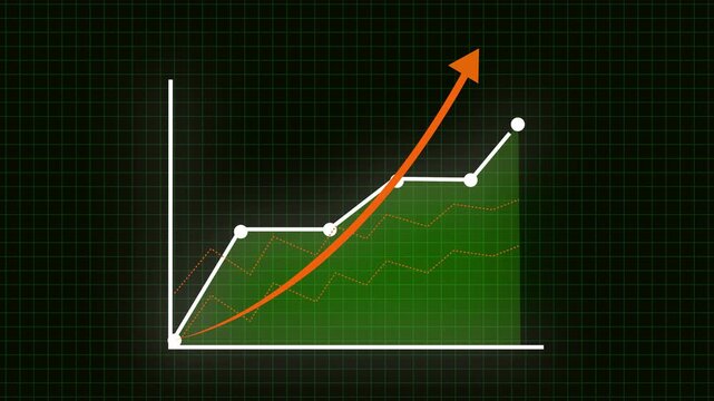 Orange Arrow Graph Showing Upward Trend with Green Shaded Area and Data Points chart. Financial chart featuring rising orange arrow, green shaded area, and key data points visualization.