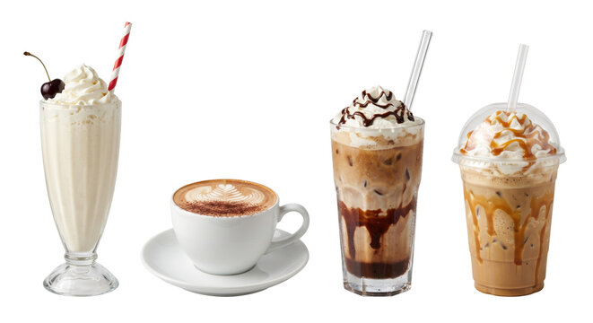 Delicious coffee shop beverages milkshakes and frappes  on transparent background