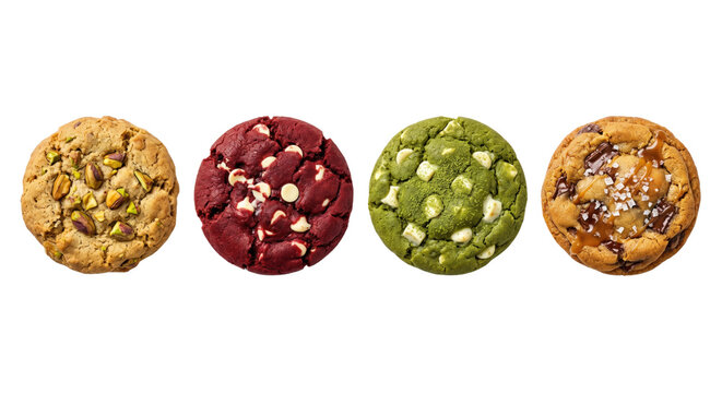 Assorted gourmet chocolate chip and velvet cookies on transparent background
