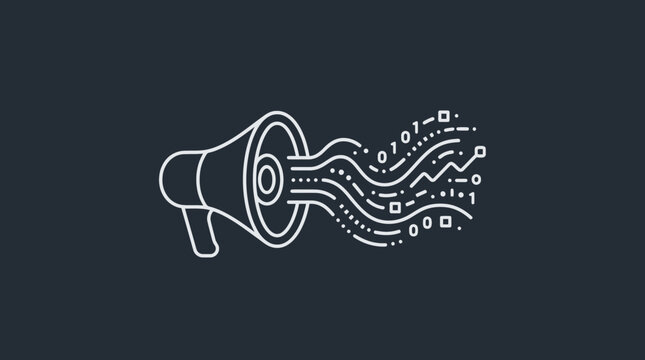 A white line art illustration of a megaphone.