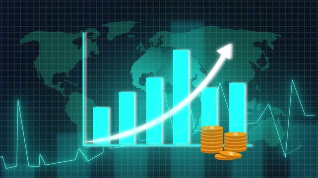 Teal world map background with animated financial bars and stacked coins visualization. Global Financial Performance Bar Chart with Coins and Teal World Map finance graph.