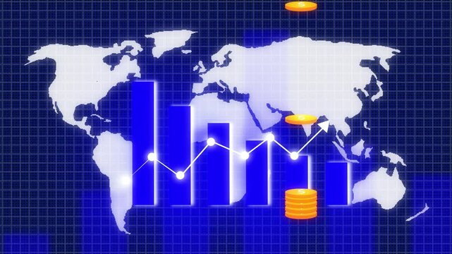 Blue Bar Chart with Upward Arrow and World Map with Scattered Gold Coins finance. Finance graph: upward-trending blue bars with scattered gold coins on global map.
