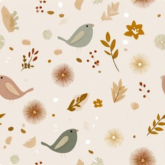 Obraz premium Playful bird and floral folk seamless pattern in warm earthy colors for nursery wallpaper and fabric design