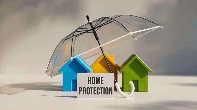 Home protection insurance concept with houses secured under transparent umbrella