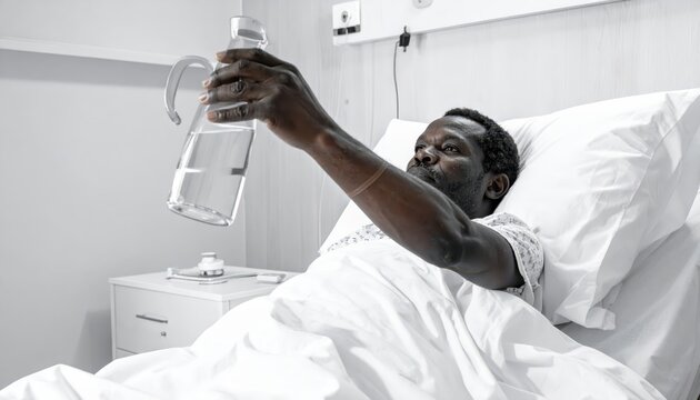 Sick patient in hospital bed reaching for water pitcher
