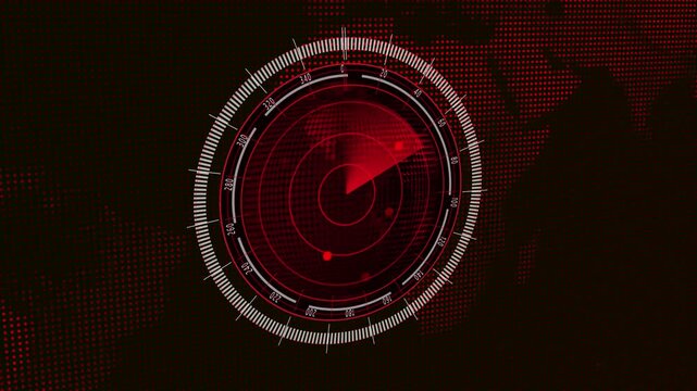Red Radar Interface Tracking Targets on a Pixelated World Map screen display. Pixelated world map display with red radar overlay tracking targets in real time.