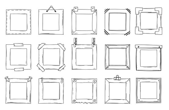 Cute vector hand drawn photo frames. Doddle picture borders. Sketch squere Isolated on white background. Kid outline photo frames. 