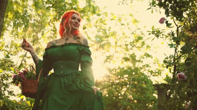Happy cheerful smiling face fantasy woman healer holds basket herbs flowers fresh plants. fairy elf girl herbalist walking in sun rays magic light forest summer nature grass trees. green elven dress