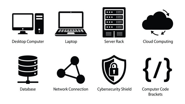 Set of 8 IT and cyber security solid icons. Includes computer hardware, server, cloud, database network, and coding brackets symbols for web UI design.
