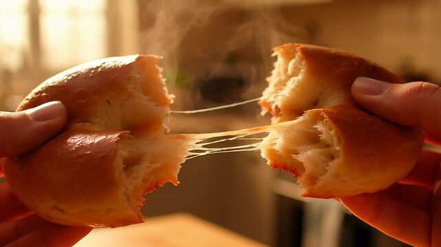 Freshly baked bagel breaking apart in warm kitchen