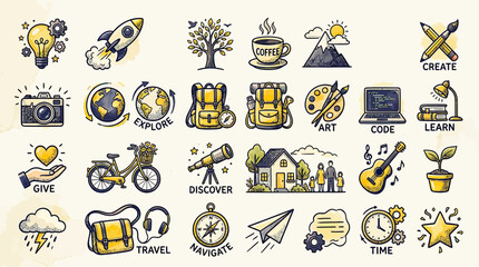 Doodle Icons Set: Creativity, Travel, Learning, Nature & Adventure © rahma
