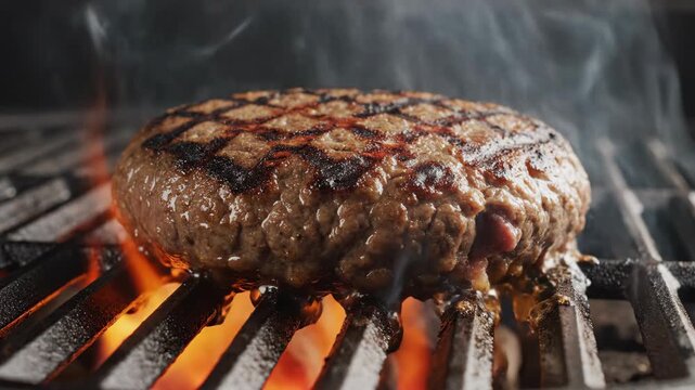 Close-up of a thick beef patty grilling on a cast iron grate, with intense flames and smoke rising. Shows char marks and melting cheese.