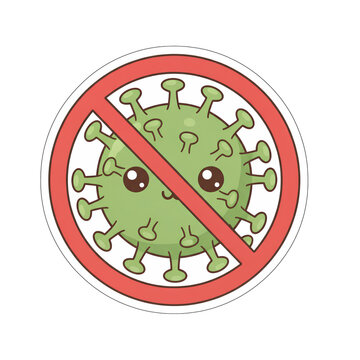 Stop Coronavirus Sign Sticker - Cute Kawaii Green Virus Character with Red Prohibition Cross Symbol Vector Illustration