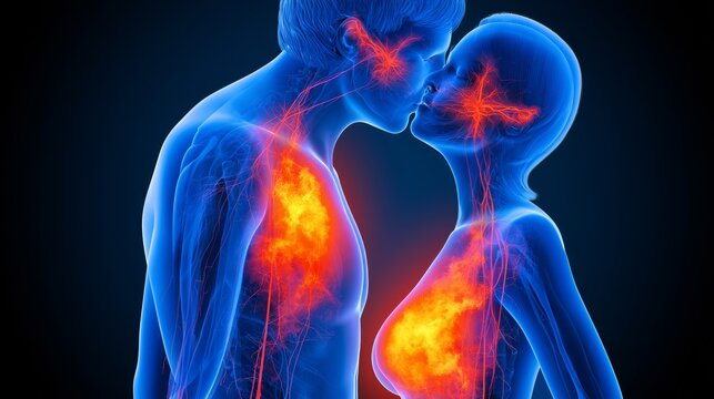 human male female couple kissing romantic chemistry thermal body heat activity infrared effect 3D rendering science biology medical physiology love sexuality concept glowing temperature interaction