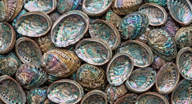 Vibrant iridescent abalone shells with swirling patterns of blue green purple and pink hues creating a display